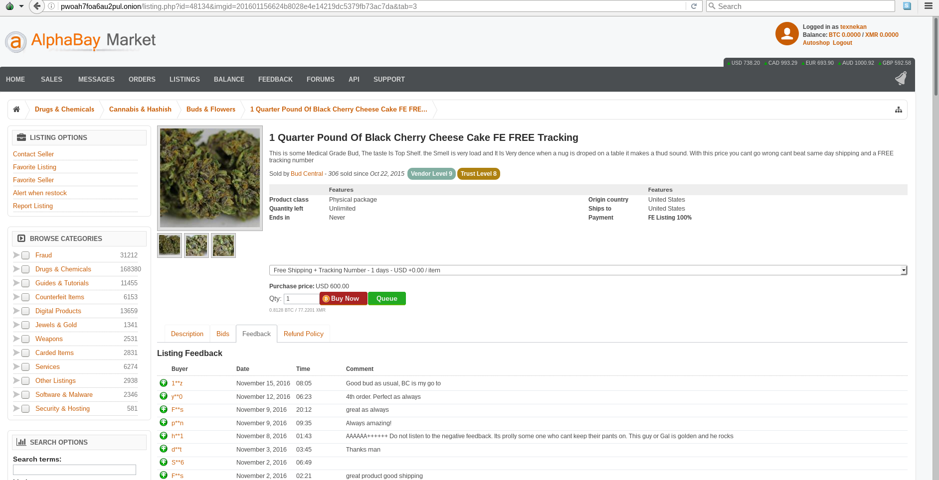Marijuana for sale
				at the Alpha darknet marketplace.