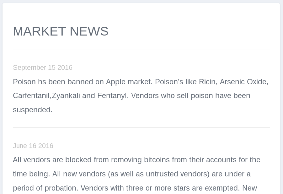 
				Effective September 15th, 2016, Apple market will no longer allow
				poisions including Ricin, Arsenic Oxide, and others.