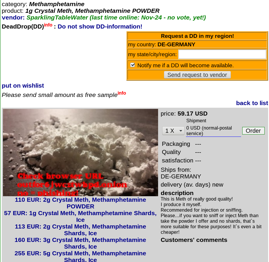 Methamphetamine powder
				listing from the Outlaw market.